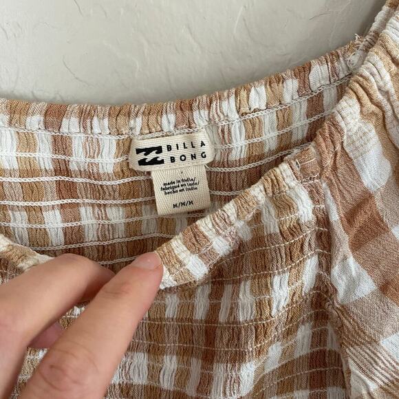 Billabong Paradise Days Checkered Plaid Smocked Neutral Mini Dress Womens Medium - Picture 4 of 6